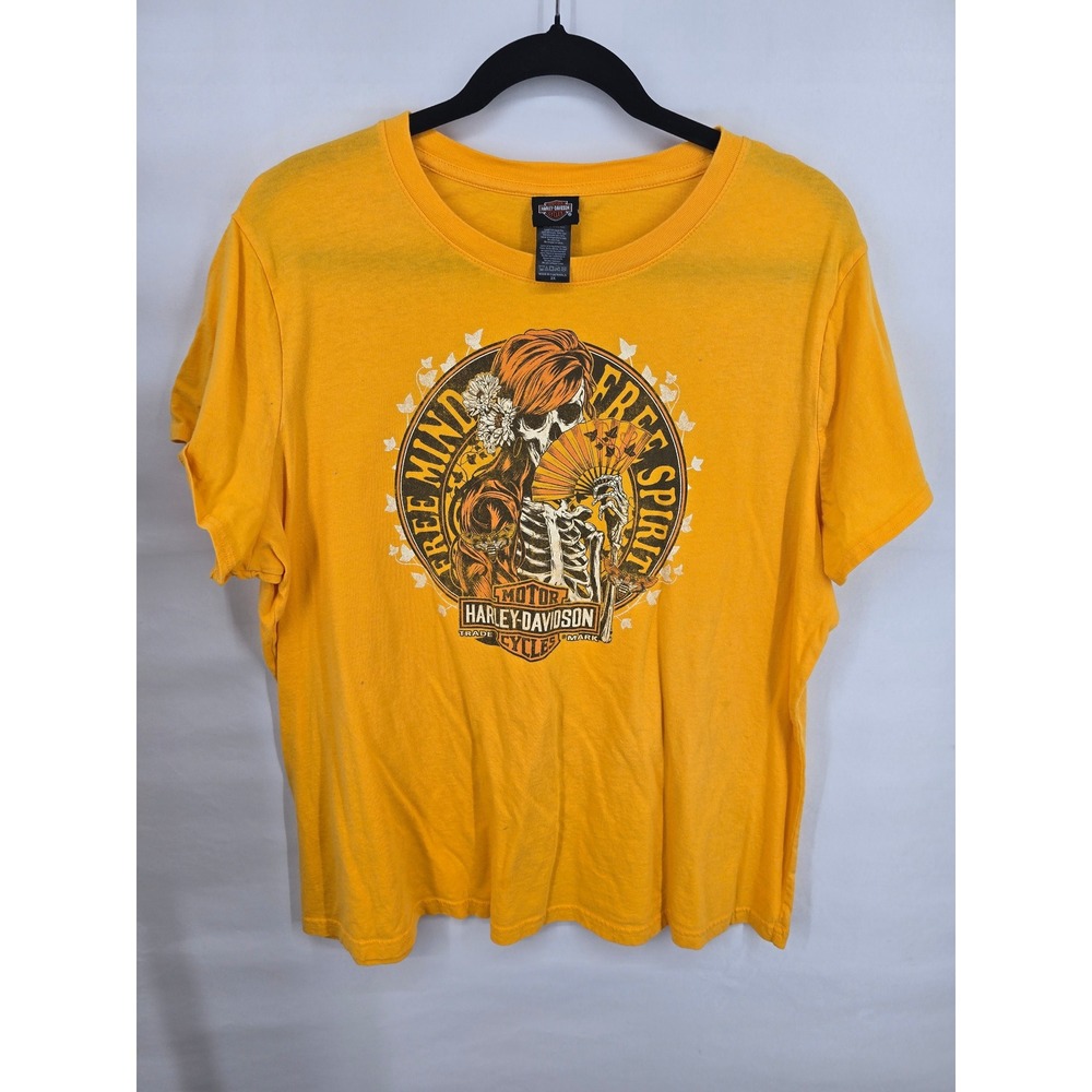 Harley-Davidson Womens 2X Yellow Free Mind Free Spirit Skeleton Graphic T-Shirt